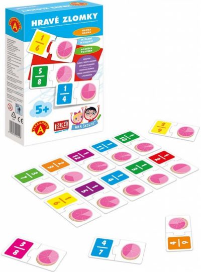 Hravé zlomky - hra školouHra hravé zlomky je určená deťom od 5 rokov. Skladá sa zo 48 kusov dielikov