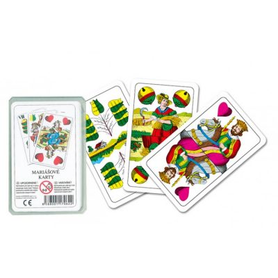 Mariášové karty v plastovom obale 32ksMariášové karty v klasickom vyobrazení v plastovej krabičke.Určené na hru farár a mnohé ďalšie.Vhodné na cestovanie a dovolenku.Materiál: lesklý kartonPočet hráčov: 2+Počet kariet: 32