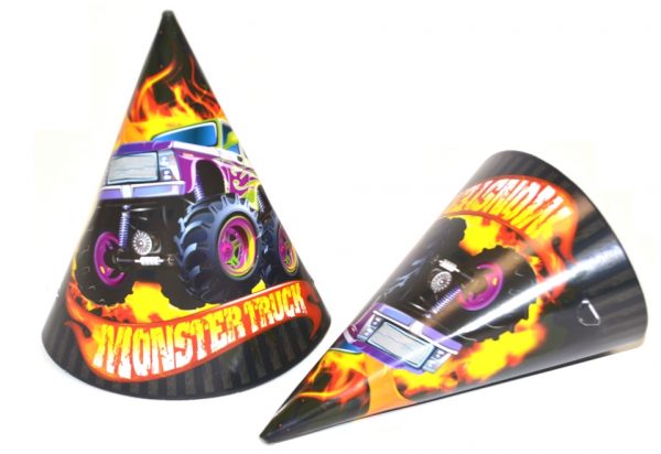 Klobúčiky Monster TruckDodajú každej oslave tú správnu atmosféru. Papierové čiapočky majú uchytenie na gumičku