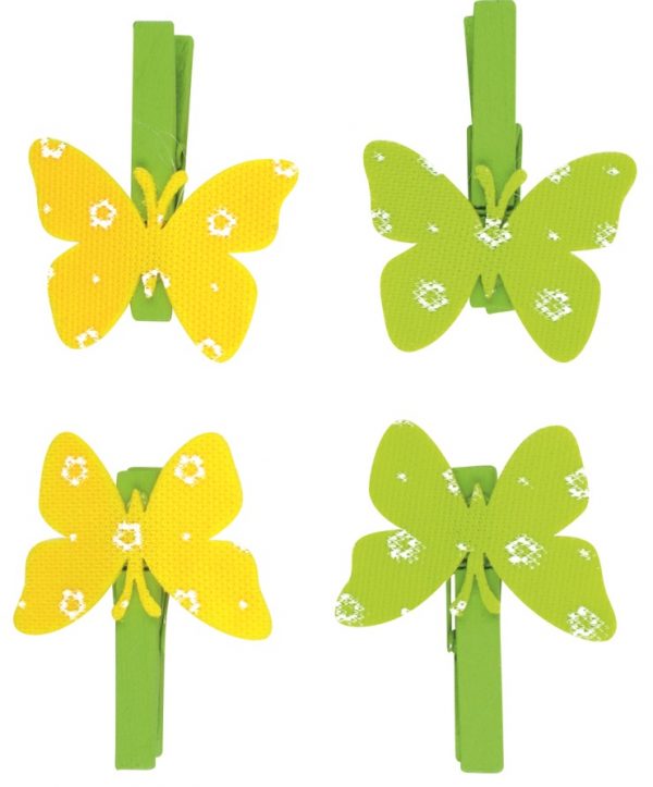 Dekoratívne štipce s motýľom 4cm/4ksFarebné štipce s motýľom sa používajú k rôznym dekoráciam a aranžovaniu. Dĺžka štipcov : 4 cmBalenie : 4 ks