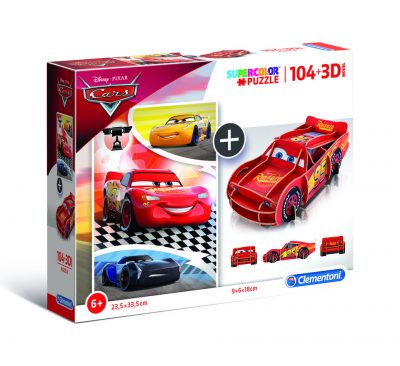 Clementoni puzzle model 104+3D CarsRozprávka Autá umožňuje deťom získať náhľad do výnimočného sveta