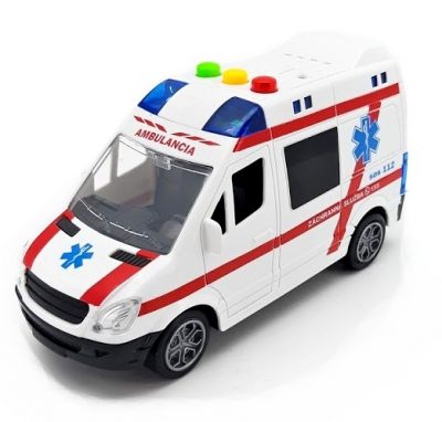Sanitka Ambulancia SKAuto sanitka po zatlačení tlačidiel na streche vozidla vydáva reálne zvuky a bliká. Autíčko v dĺžke 15 cm je na batérie