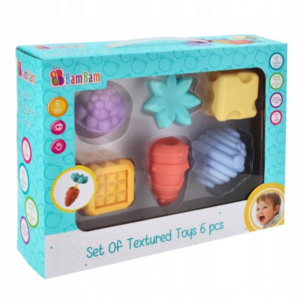 Bambam Senzorické hračky sadaRôzne tvary hračiek poskytnú dieťaťu rozmanitosť a viacnásobné hmatové vnemy vďaka rôznym tvarom