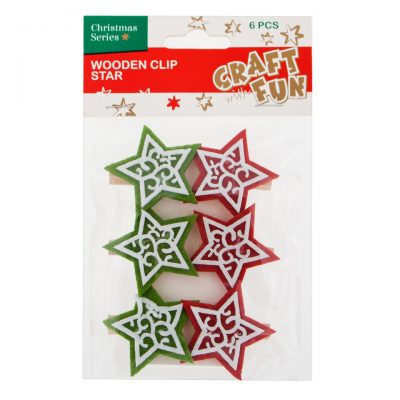 Dekoratívne štipce s vianočným motívomFarebné štipce s vianočným motívom hviezdy sa používajú k rôznym dekoráciam a aranžovaniu. Dĺžka štipcov: 4 cmBalenie: 6 ks