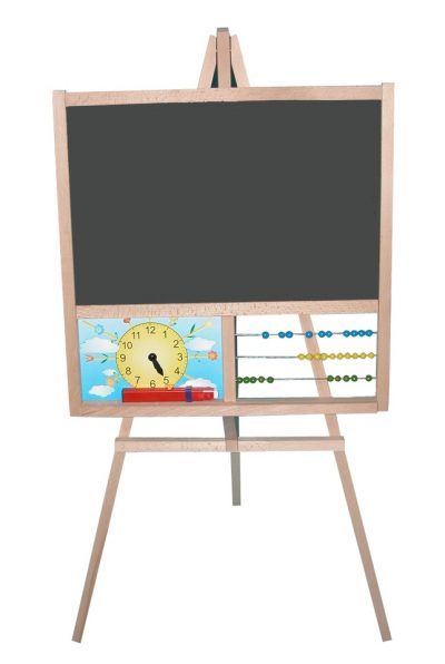 Detská školská tabuľa alebo škola hrouŠkolská drevená tabuľa na stojane s hodinami a počítadlom pre malých školákov. Nauč sa ešte pred školou čísla a písmenka.  Rozmer: 95 x 45 cmObsah balenia: 1x tabuľa