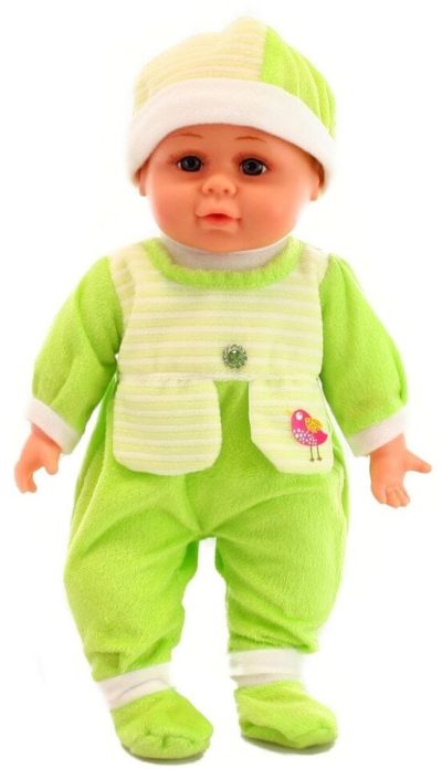 Bábätko so zvukom zelenéBábika s mäkkým telíčkom v krásnom zelenom oblečení a s čiapočkou vydáva rôzne zvuky. Smeje sa