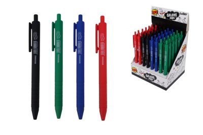 Gélové perá s modrou tuhou 1 mmGélové pero s modrou tuhou a so štandartným stláčacím mechanizmom.  4 farby : červená