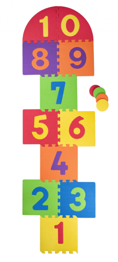 Puzzle penové Skákacia škôlkaObľúbenú hru škôlka si môžete zahrať aj vo svojej izbe s týmito penovými blokmi. Penové puzzle sú vyrobené v rôzných farbách označené číslami od 1-10. Môžu sa ľahko zostaviť a použiť aj ako podložka na zem. Stred puzzli je vyberateľný. Puzzle sú netoxické
