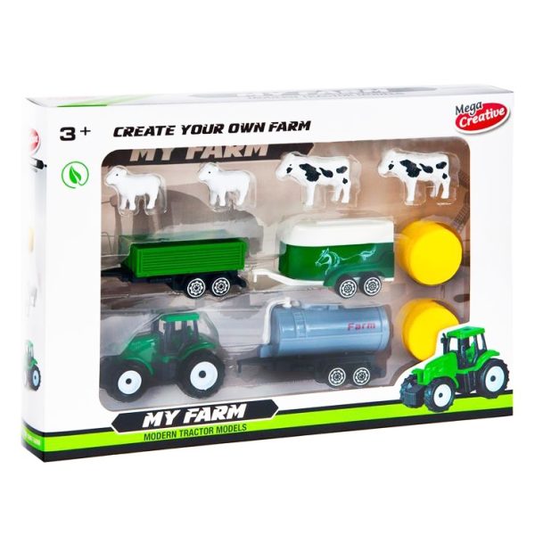 Traktor s prívesmi a zvieratami