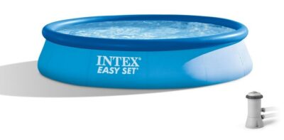 Intex 28142 Bazén Easy Set s kartušovou filtráciou 396 x 84 cmDno a bočné steny tejto série bazénov sú vyrobené z 3 vrstiev materiálu SUPER-TOUGH®. Tento veľmi pevný materiál sa skladá z polyesterovej podkladovej tkaniny sa silným
