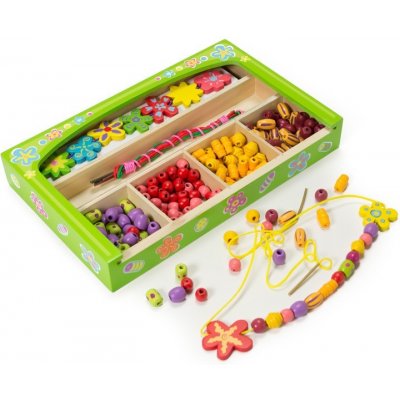 Viga Drevené korálky kvietky sadaDrevené navliekanie s korálkami rôznych farieb a tvarov je skvelá hračka