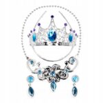 Korunka s diadémom a doplnkamiŠperky s diadémom pre skutočnú princeznú alebo mladú dámu. Šperky v striebornej farbe s modrými kamienkami sú vyrobené z plastu. Sada obsahuje: čelenku s korunkou klipové naušnicenáhrdelník