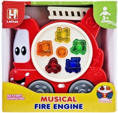 Zvukové hasičské auto pre najmenšíchHudobná hračka v tvare hasičského auta. Po stlačení tlačidiel hračka vydáva zvuky rôzných dopravných prostriedkov a svieti.  Napájanie na batérie: 2x AA (nie sú súčasťou balenia)Rozmery: cca 16 x 16 cmVhodné od 3+