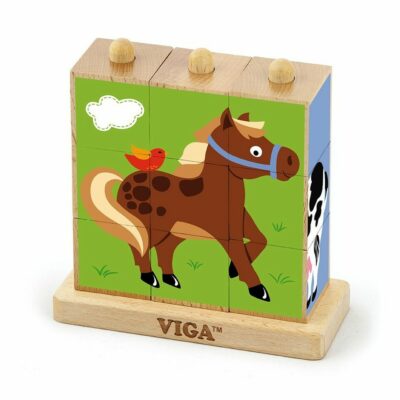 Viga Drevené puzzle kocky na stojane FarmaDrevené kocky Viga pre najmenších staviteľov s veselými obrázkami. Poskladajte drevené zvieratká na podstavec. Počet možných kombinácií zaručuje veľa zábavy a navyše naučí vaše dieťa ako zladiť vzory