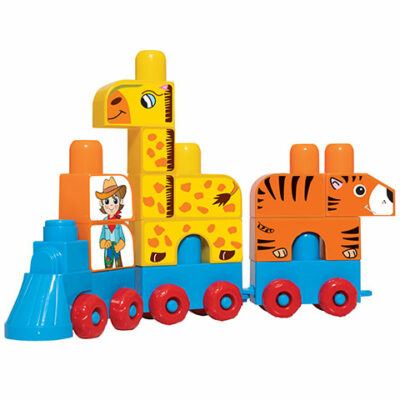 Stavebnica SafariStavebnica Safari robí radosť chlapcom aj dievčatám vo veku od 12 mesiacov. Modrý vláčik s červenými kolesami pozostáva z lokomotívy a 2 vagónov