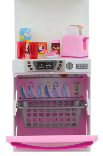 mikrovlnka a myčkaRužový plastový kuchynský nábytok pre bábiky