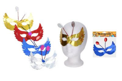 Karnevalová maska škraboška Farebné škrabošky s tykadlami sú vyrobené z papiera a na gumičku.  Mix farieb: zlatá
