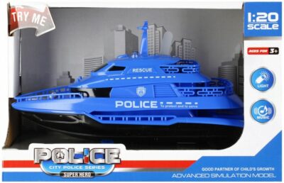 Policajná loď B/O 22 cm Policajná vodná hliadka na batérie. Policajná loď má svetelné a zvukové efekty. V spodnej časti lode sú kolieska