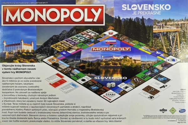 keď sa vydáte na cestu za víťazstvom po hracej doske v známej hre Monopoly! Pripojte sa k svojim priateľom a rodine v honbe za dobrodružstvom a objavujte najobľúbenejšie miesta na Slovensku. Všetky zaujímavé miesta Slovenska sú zvečnené v tomto vydaní doskové hry Monopoly Slovensko je prekrásne.Takže vyhľadajte svoje obľúbené miesta a hádžte kockami