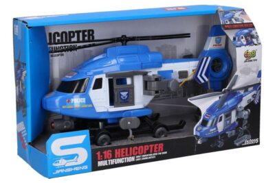 Vrtuľník policajný s efektmi 29cmBolo vyhlásené pátranie! Naštartuj vrtuľník a vydaj sa na záchrannu akciu!  Svetelné a zvukové efekty tlačidlom na krídleStlačením páčky pod dverami sa otáča hlavná vrtuľaKolieskom na konci krídla sa otáča vrtuľa v krídleManuálny navíjací hákRozmery: 29 x 9