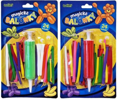 Magické balóniky s pumpouMagické balóniky s pumpou 18 cm dlhou v balení. Skúsiš vytvoriť psíka? Môžeš vytvoriť rôzne tvary zvieratiek. V balení: 24 kusov farebných balónikov balónikov1x pumpa (na výber dve farby: zelená a červená)
