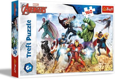 Puzzle Avengers pripravený zachrániť svetJedninečné rozprávkové puzzle s obrázkovým motívom populárneho sveta Avengers. Poskladaním puzzle vznikne obrázok s rozmermi 410 x 275 mmVhodné pre deti od 6 rokovObsahujú 160 dielikov