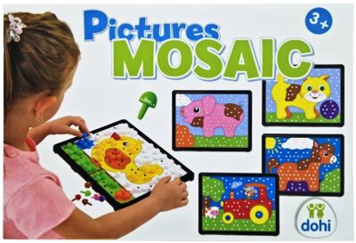 Kreatívne tvorenie Mozaika obrázky 6 ksDidaktická mozaika obsahuje až 6 farebných obrázkov s otvormi a rôznofarebné kolíky. Sú dostatočne veľké a príjemné na úchop