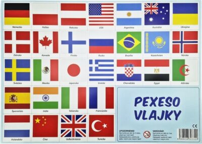 Pexeso štátne vlajky 32 dvojicPexeso je jednou z najznámejších a najobľúbenejších detských hier. Deti si pri hre precvičujú pamäť
