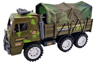 Vojenský kamiónVojenské nákladné vozidlo s korbou a plachtou. Pohon na zotrvačníkMateriál: plast