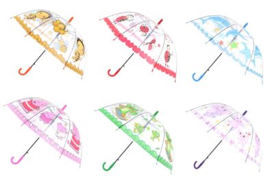 Dáždnik vystreľovací motív zvieratká Vystreľovací dáždnik s motívom zvieratiek. Rozmery rozloženého dáždnika cca 75 x 75 x 65 cm. Dáždník je priehľadný.Farba rúčky: ružová-prasiatko