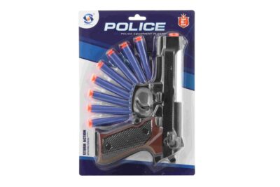 Pištoľ na penové nábojeDetská policajná pištoľ na penové náboje. Balenie obsahuje 8ks penových nábojov. Materiál pištoľe: plastVeľkosť pištoľe: 21 x 14 x 4 cm