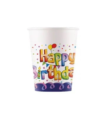 Poháre Happy Birthday papierové 200ml/8ksPapierové poháre sa hodia na detskú párty