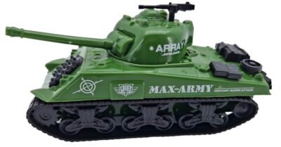 Tank Sherman na zotrvačníkDetský tank na zotrvačník a otáčacím delom. Materiál: plastPohon na zotrvačníkVeľkosť 18 cm